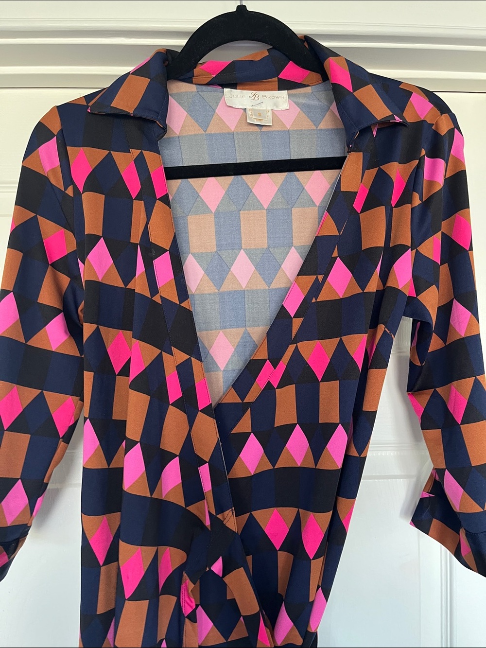 JB by Julie Brown Navy Geometric Wrap Tunic wit pink and brownNew without tags -